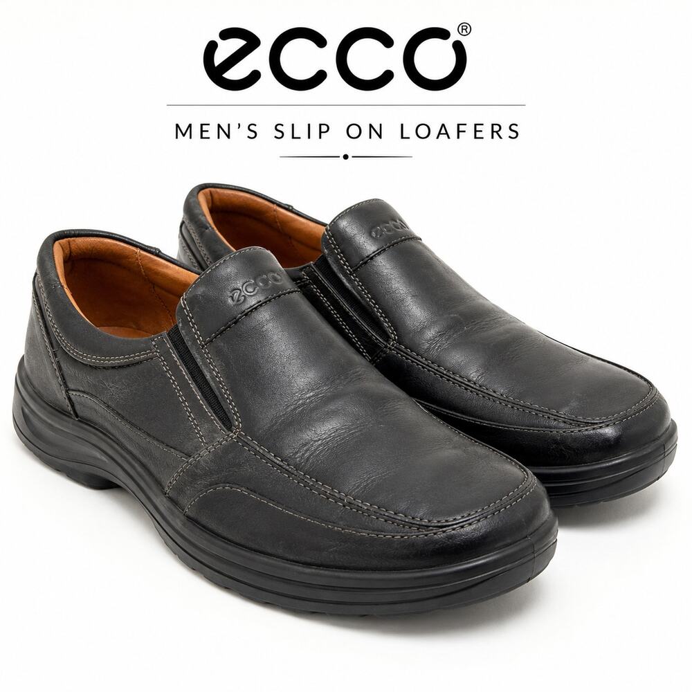 ECCO Mens 45 Black Leather Slip On Loafers Comfort Walking Shoes EU 45